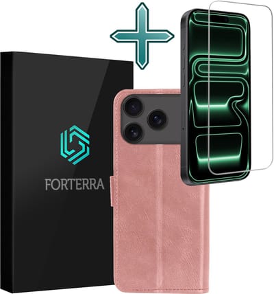 Hoesje Met Screenprotector - Geschikt voor Apple iPhone 17 Pro Max - Luxe Pasjeshouder - Flipcase - Bookcase Portemonee - Flip Case - Kunstleer Book Case - Book Cover - Walletcase - Portemonneehoes - Rosé goud