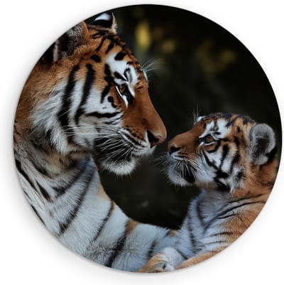 Saammp Muurcirkel Hout - Tijger met welp - Natuur - Dieren - Ø 90 - Wandcirkel - Wanddecoratie Cirkel - muurdecoratie Woonkamer - Slaapkamer decoratie - Rond Schilderij