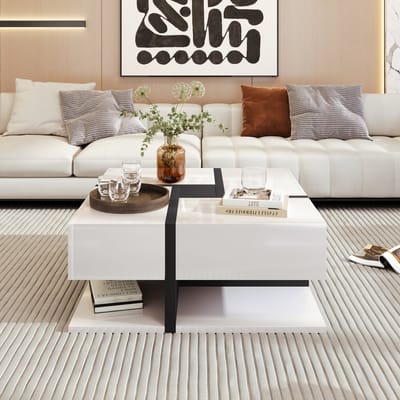 MODFU Hochglanz Couchtisch 78x78x36 cm mit 4 Schubladen, einzigartiges Farbabstimmungs- und Liniendesign, Stauraum unten