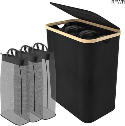 RFWR® Wasmand met 3 vakken en bamboe frame - 140L opvouwbare wassorteerder