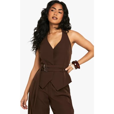 boohoo Gespdetail Vest met diepe V-hals | Chocolate | Maat: 14