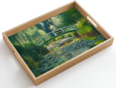 Dienblad hout 50x35 cm - Schootdienblad - Brug - Hout - Vijver - Waterlelies - Borrelplank rechthoek - Plateau dienbladen