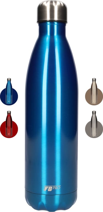FBFS69 Thermosfles, Drinkfles, Waterfles - 750 ml - Thermos fles voor de warme en koude dagen - Dubbelwandig - Thermosbeker Koffie, thee en Koele dranken - Water fles voor onderweg - Blauw Metaal - Blue Metal