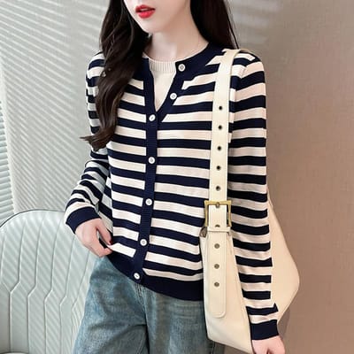 Automne Nouveau Faux Deux-pièces Col en V Pull Rayé Femme Polyvalent Manches Longues Pull Chemise de Fond XL bleu