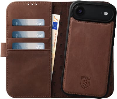 Rosso Elite Hoesje Geschikt voor Apple iPhone Air | Compatibel met MagSafe / Qi2 | Book Case en Back Cover | Magnetisch Uitneembaar | Echt Leer Beschermhoes met Pasjeshouder | Bruin