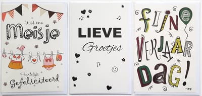 3 Wenskaarten - Het is een Meisje + Fijne Verjaardag + Lieve groetjes - 12 x 17 cm – GEB-314