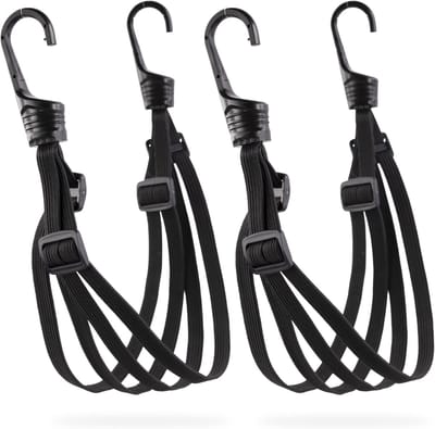 2-delige set — Inclusief 4 elastische spanrubbers van latex en nylon & 2 roestbestendige haken — Universele sjorbanden, bagagespanners en bevestigingsbanden — Voor het vastzetten van lading — Zwart