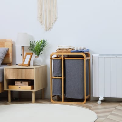 MODFU Wasmand Met Bovenplank En 3 Uitneembare Waszakken - Natuurlijk - Bamboe En Polyester - 50 X 32 X 69,7 Cm