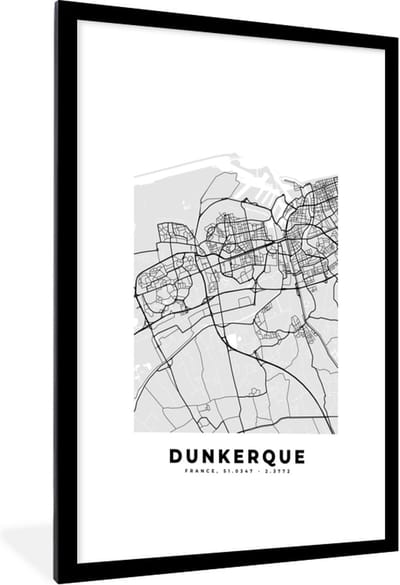 Fotolijst incl. Poster - Kaart - Stadskaart - Dunkerque - Plattegrond - Frankrijk - 60x90 cm - Posterlijst