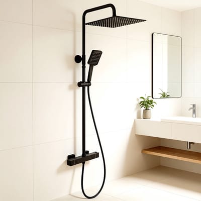 AuraLum max Regendouche met Thermostaatkraan - Zwart - Doucheset - 30 cm Douchekop - 6 Standen Handdouche - Messing - Anti-Scald- Verstelbare Hoogte 88-124 cm - Waterbesparend