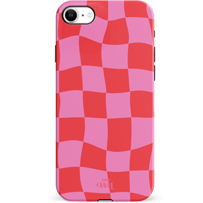 xoxo Wildhearts Drunk In Love - Double Layer - Hoesje geschikt voor iPhone SE 2022 / SE 2020 hoesje - Blokjes print roze - Shockproof case - Beschermhoesje geschikt voor iPhone 7 / 8 / SE 2022 / SE 2020 case - Roze