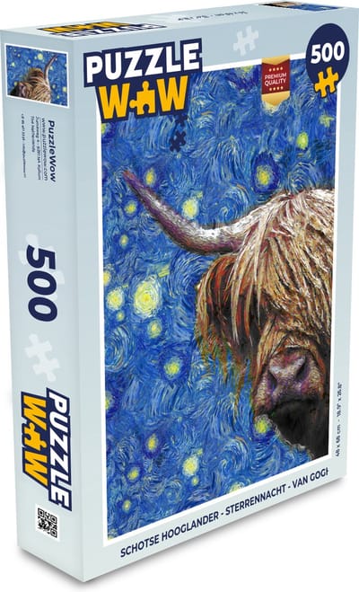 Puzzel Schotse hooglander - Sterrennacht - Van Gogh - Legpuzzel - Puzzel 500 stukjes