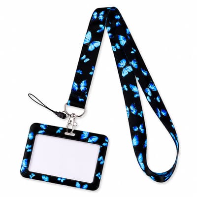 Travel Cords - Keycord met Badgehouder Horizontaal & Telefoonkoord – 3-in-1 Lanyard – Vlinders Blauw – Afneembare Pashouder – ID Kaarthouder – Telefoonkoord