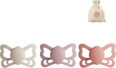 Frigg butterfly spenen siliconen anatomisch T2 (6-18 maanden) + speenzakje - Cream, Blush en Peach - fopspenen
