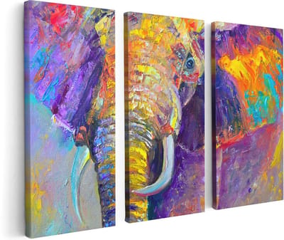 Artaza Canvas Schilderij Drieluik Olifant Van Olieverf - Kleur - Abstract - 120x80 cm - Wanddecoratie Woonkamer - Schilderijen - Muurdecoratie