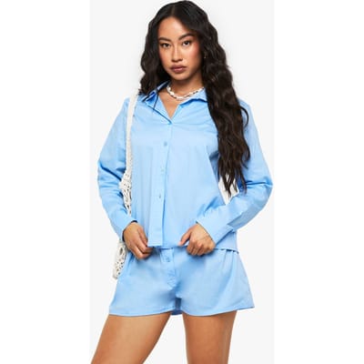 boohoo Dames Katoenen poplin overhemd en shortset | Babyblauw | Maat: 34