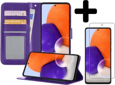 Hoesje - Met Screenprotector - Geschikt voor Samsung Galaxy A72 5G - Luxe Pasjeshouder - Bookcase Portemonee - Flip Case - Kunstleer Book Case - Flipcase - Book Cover - Walletcase - Portemonneehoes - Telefoonhoesjes - Paars