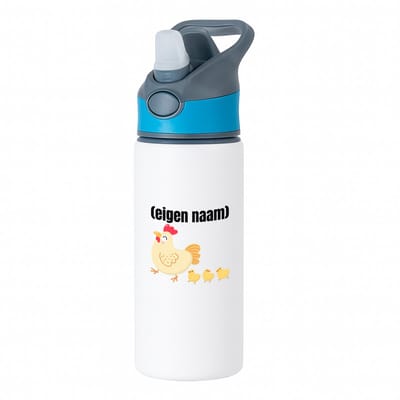 Hacebo® - kip met kuikens met eigen naam waterfles met rietje blauw - Kippen - kippen liefhebbers - iemand die houdt van kippen - verjaardag - cadeau - kado - water fles - 650ML