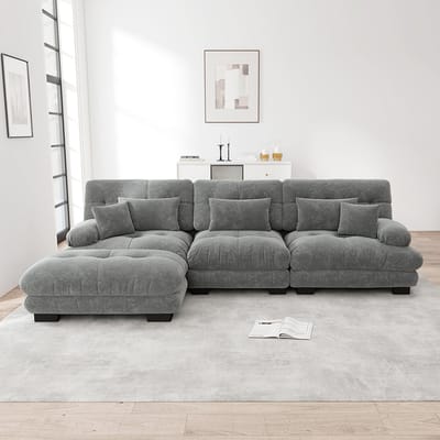 BLACKCOLORS Luxe modulaire hoekbank - Oversized Cloud-bank in L-vorm voor woonkamer, diepe slaapbank met poef, corduroy, grijze chenille