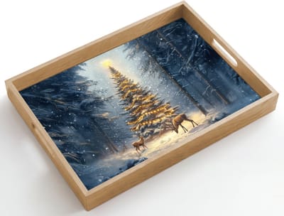 Dienblad hout 50x35 cm - Schootdienblad - Kerstlicht - Woud - Hert - Donker - Borrelplank rechthoek - Plateau dienbladen