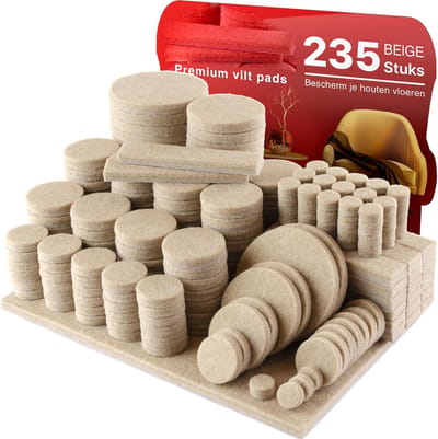 235 Stuks Zelfklevende Meubel Vilten Pads voor Stoelpoten en Meubels - Beige Vloerbeschermers tegen Krassen - Diverse Maten Inclusief 150x110 mm, 62x13 mm, 50 mm, 38 mm, 25 mm, 19 mm, 10 mm