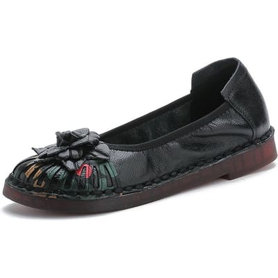 Nieuwe Toplaag Koeienhuid Casual Platte Damesschoenen Etnische Stijl Bloem Echt Leer Dames Enkelschoenen Schoenen voor Middelbare Leeftijd 42 black