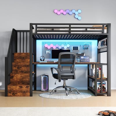 Stapelbed 90 x 200 cm - hangend rooster - LED-verlichting - bureau - met USB- en Type-C-aansluiting - zonder matras - zwart