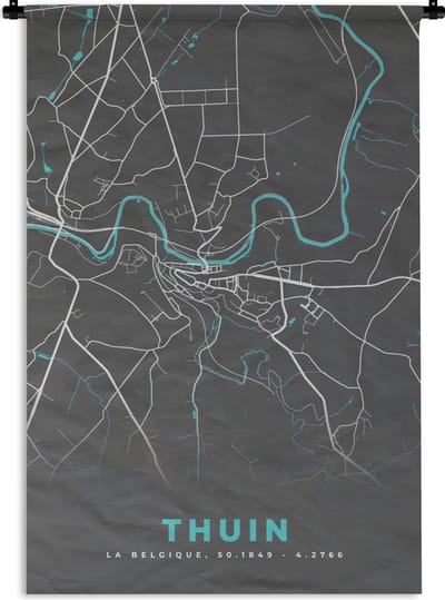 Wandkleed - Wanddoek - Stadskaart – Grijs - Kaart – Thuin – België – Plattegrond - 120x180 cm - Wandtapijt