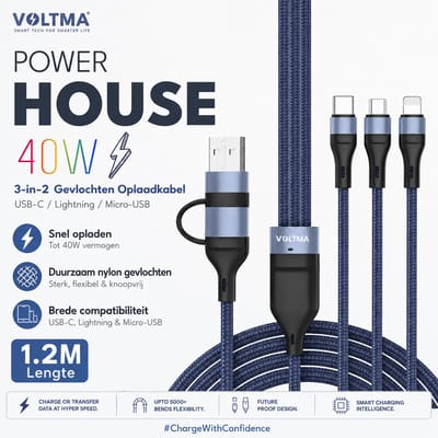 Voltma 40W 3-in-2 multi-oplaadkabel - 1,2 m gevlochten snelle 3 in 2 multi oplaadkabel - 2 ingangen (USB type A en C) 3 uitgangen met Lightning / MicroUSB / USB-C kabel - USB C Datakabel - Geschikt voor Apple Carplay, Samsung, Android Auto - Blauw