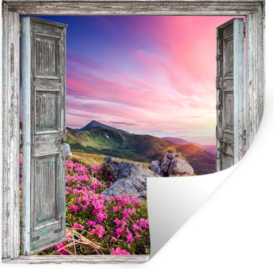 Muurstickers - Sticker Folie - Bergen - Landschap - Doorkijk - Bloemen - 100x100 cm - Plakfolie - Muurstickers Kinderkamer - Zelfklevend Behang XXL - Zelfklevend behangpapier - Stickerfolie