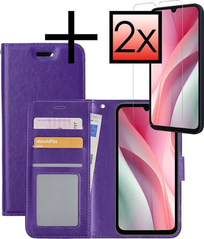 Hoesje - Met 2x Screenprotector - Geschikt voor Samsung Galaxy A15 - Luxe Pasjeshouder - Bookcase Portemonee - Flip Case - Kunstleer Book Case - Flipcase Hoes - Book Cover - Walletcase - Portemonneehoes - Paars