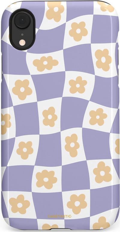 Casetastic hoesje geschikt voor Apple iPhone XR - Dubbellaagse bescherming - Kronkelende madeliefjes - Fashion Case - Lila Wit Zand Lichtgrijs
