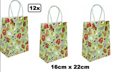 12x Koordtas Boerderij dieren 16cm x 22cm - Goodiebag papieren draagtas tas|koord festival kado themafeest party geschenken verjaardag