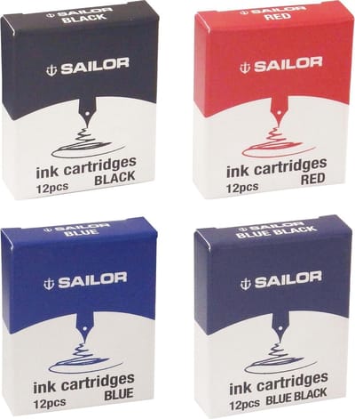 Sailor Ink Cartridges 12 x Rood, 12 x Blauw,12 x Zwart,12 x Zwart / Blauw + EXTRA 3 x Sailor Shikiori Sansui Cartridges.