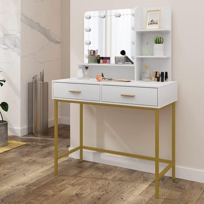 Moderne Make-up Tafel met Verlichting en Spiegel voor de Slaapkamer - Wit - 90 x 137,5 x 45 cm