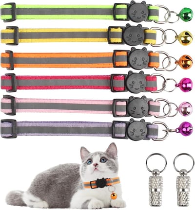 Reflecterende Kattenhalsbanden Set van 6, Veilig en Verstelbaar met Bel, Inclusief Afneembare Veiligheidssluiting en Naamlabels voor Binnen en Buiten Gebruik