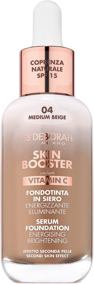 Deborah Milano Skin Booster Serum Foundation – Kleur 04 Medium Beige – Ultralichte Vloeibare Foundation Met Vitamine C – Egaliseert Teint Voor Natuurlijke “Second Skin” Finish – Hydratatie & Stralende Huid - 30 ML