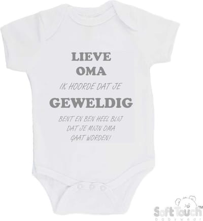 100% katoenen Romper "Lieve oma ik hoorde dat je geweldig bent en ben heel blij dat je mijn oma gaat worden!" Unisex Katoen Wit/grijs Maat 62/68
