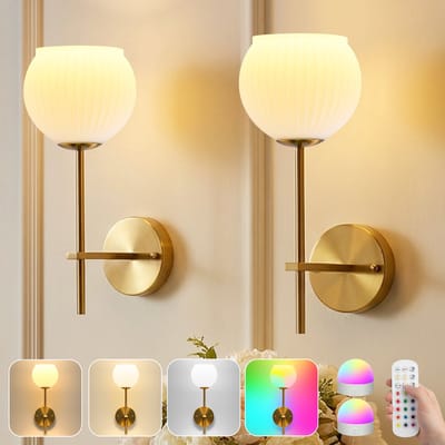 MUPOO Wandlamp binnen Oplaadbaar Draadloos Opaalglas met afstandsbediening-Hotel Chique Dimmbaar RGB bedlampje wand- Timer & 3 Lichtkleuren-Zonder boren-Nachtlampje wand voor Slaapkamer,Overloop,Nachtkastje,Gang & Hal-2 stuks