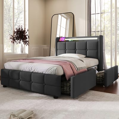 Eenpersoonsbed 90x200 cm - Gestoffeerd bed met USB-oplaadfunctie, hoofdbord, ledverlichting en 2 lades - bedframe met opbergruimte - lattenbodem van hout - Grijs (matras niet inbegrepen)