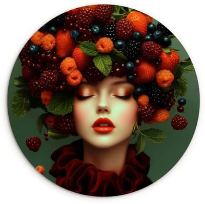 WallCircle® Wandcirkel 60x60 cm - Muurcirkel Vrouw - Aardbeien - Frambozen - Bramen - Bessen - Muurdecoratie woonkamer - Wanddecoratie keuken - Kamer decoratie accessoires - Ronde schilderijen