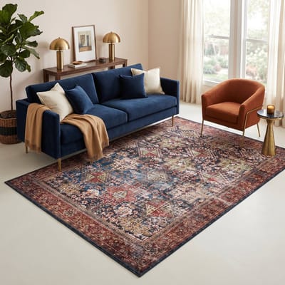 TAPISO Ispahan Vloerkleed Oosters Klassiek Perzisch Vintage Medaillon Antislip Donkerblauw Roestbruin Woonkamer Slaapkamer Oeko-Tex 80x150