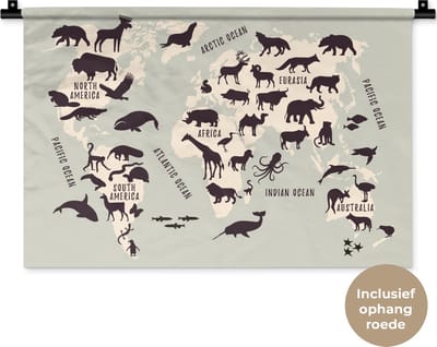 Wandkleed WereldkaartenKerst illustraties - Wereldkaart op grijsblauwe achtergrond met illustraties van silhouetten van dieren Wandkleed katoen 60x40 cm - Wandtapijt met foto