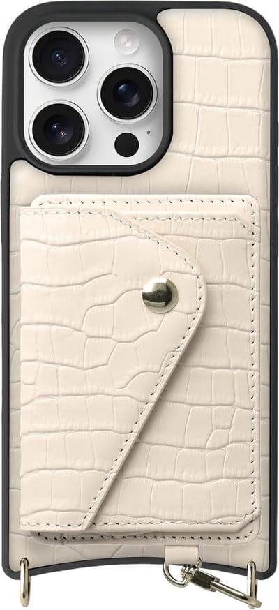 AVY Leren Hoesje Geschikt voor Apple iPhone 16 Pro | Met Magnetische Kaarthouder | Compatibel met MagSafe | Leather Case met Wallet | Croco Beige