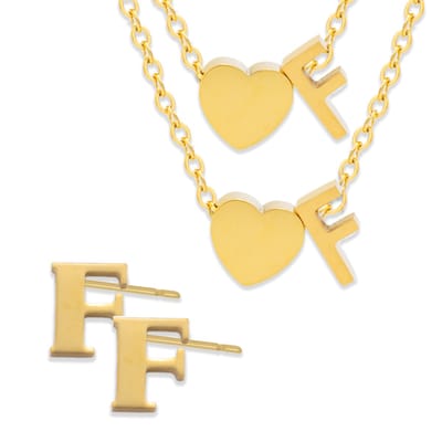 Initiaal Ketting & Armband & Oorbellen set met Letter F Goudkleurig - Stainless Steel - Met letter & Hartje! - 3x Sieraden Cadeau - Pax Amare