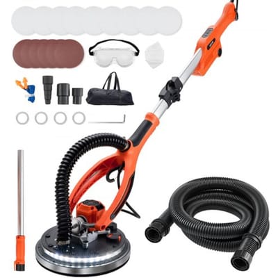 VEVOR Gipsplaatschuurmachine 950 W, Plafondschuurmachine met 255 mm schuurschijf, Schuurmachine met lange steel en een toerental van 1000–2300 rpm, Dubbelwandige LED-verlichting, Uitschuifbare handgreep, 15 schuurschijven, Stofslang