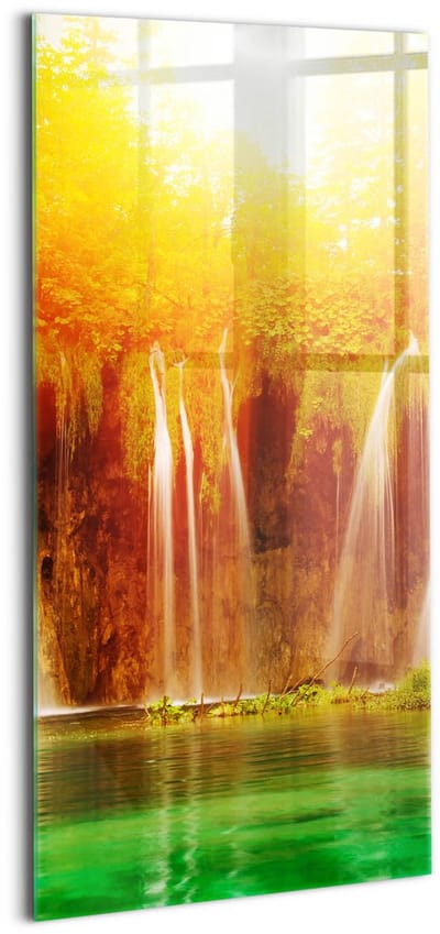 Wallfluent Glasschilderij - Schilderachtig uitzicht op de waterval Foto In Glas - 50x100 cm - Oranje Verticale Muurschildering - Landschap Schilderij Glas - Foto Schilderij Op Glas - Glazen Schilderij