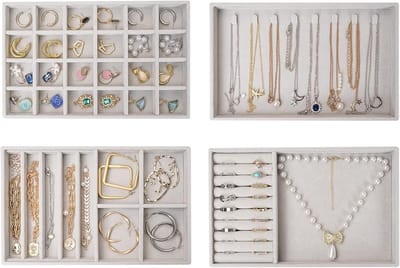 Famanu – Stapelbare sieradenbakken, set van vier, sieradenlade organizer voor oorbellen, ringen en armbanden, grijs