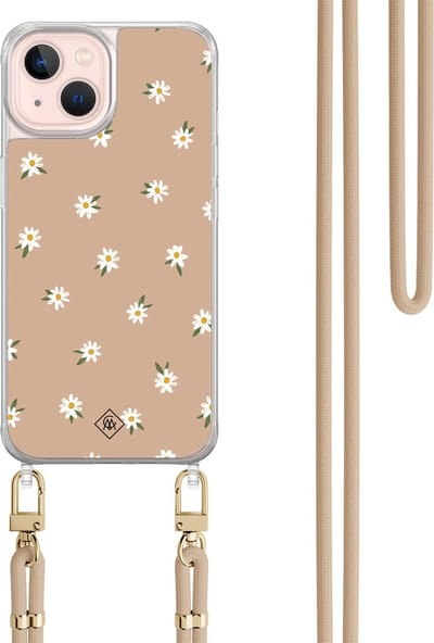 Casimoda® hoesje met beige koord - Geschikt voor iPhone 13 - Sweet Daisies - Afneembaar koord - TPU/acryl - Bruin/beige