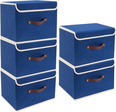 Famanu - Opvouwbare Opbergdoos met Deksel, Stof, Afwasbaar, Opbergbak met Deksel, 38x25x25 cm, Set van 5, Klassiek Blauw